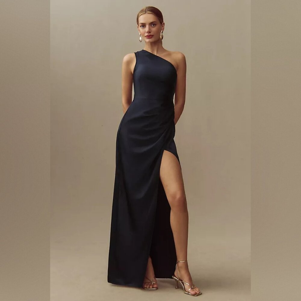NWT BHLDN Scottie One-Shoulder Side-Slit Stretch Satin Maxi Dress Navy Large